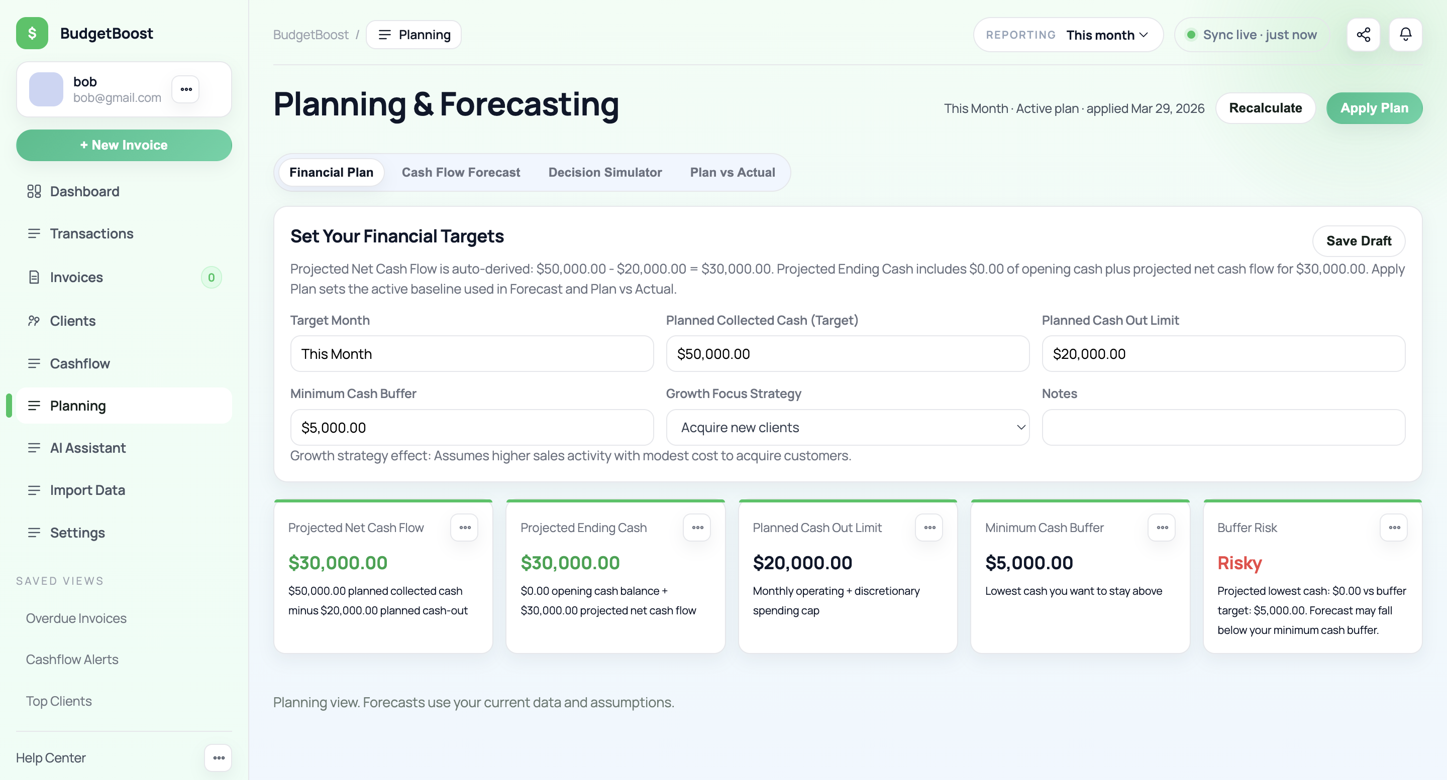 BudgetBoost planning and forecasting screen